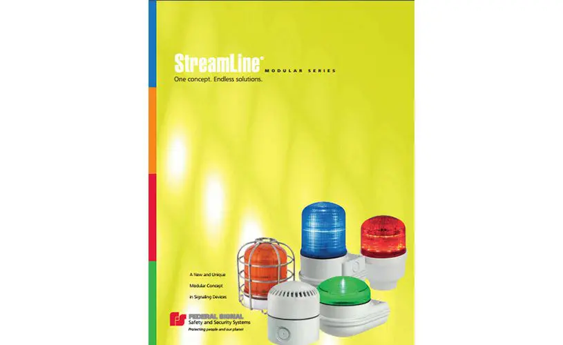 Brochure cover for StreamLine Modular Series featuring safety and security signal lights in various colors.