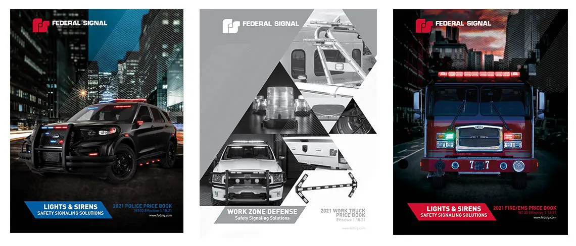 Three catalog covers for Federal Signal featuring emergency vehicles and equipment in urban and work zone settings.