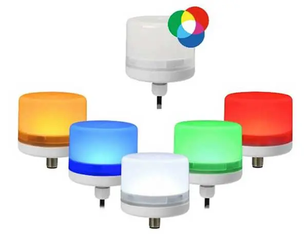 Six cylindrical LED signal lights in different colors: white, orange, blue, green, red, and a color mix symbol.