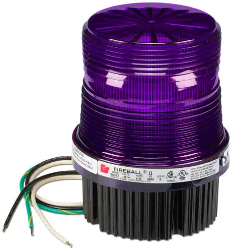 A purple rotating beacon light with a black base and several exposed wires.
