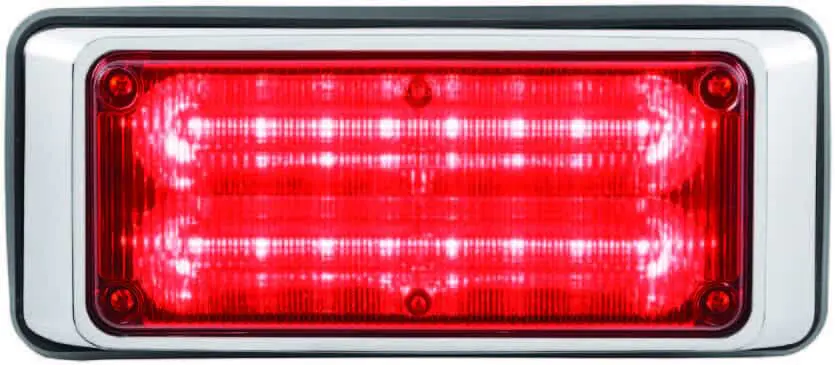Rectangular red LED light with a silver frame, featuring horizontal rows of lights.