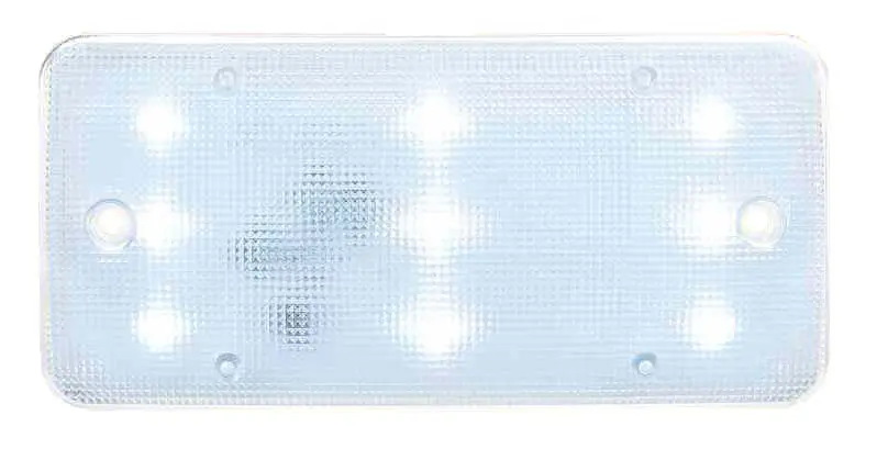 Rectangular white LED light fixture with a textured cover and eight illuminated bulbs.