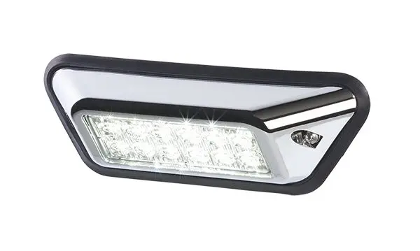 Rectangular LED light with a chrome frame and black border, designed for vehicle use.