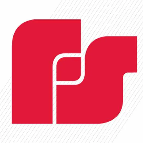 Red abstract logo with two interlocking shapes on a diagonal striped background.