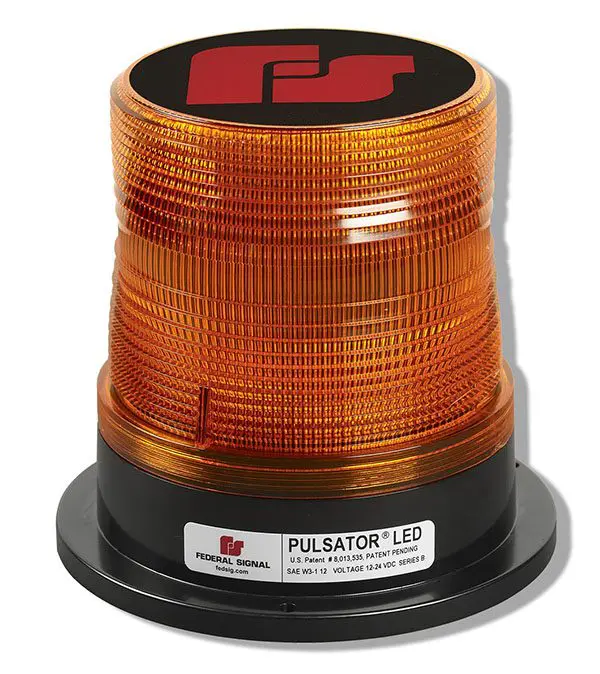 An orange LED beacon light with a black base labeled "Pulsator LED" by Federal Signal.