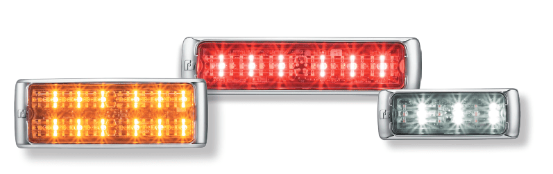 Three rectangular LED lights: an amber light on the left, a red light in the center, and a white light on the right. Each has a chrome frame and multiple LED bulbs inside.