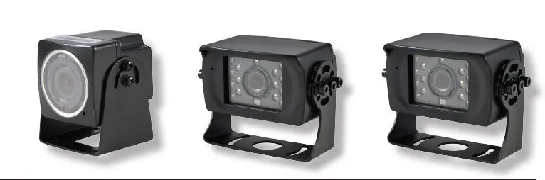 Three black surveillance cameras are shown in a row, each mounted on a metal bracket.