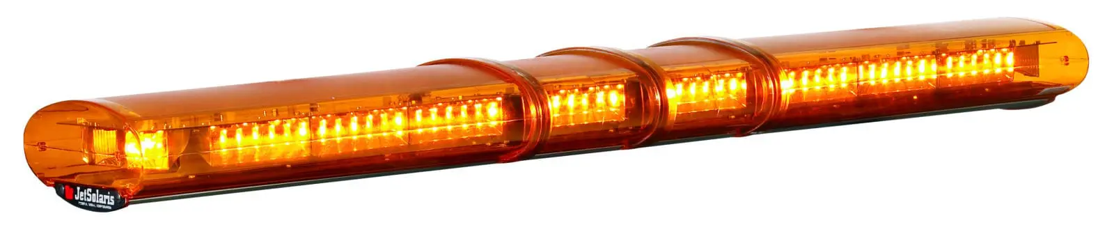 Amber emergency light bar illuminated with multiple LED lights.