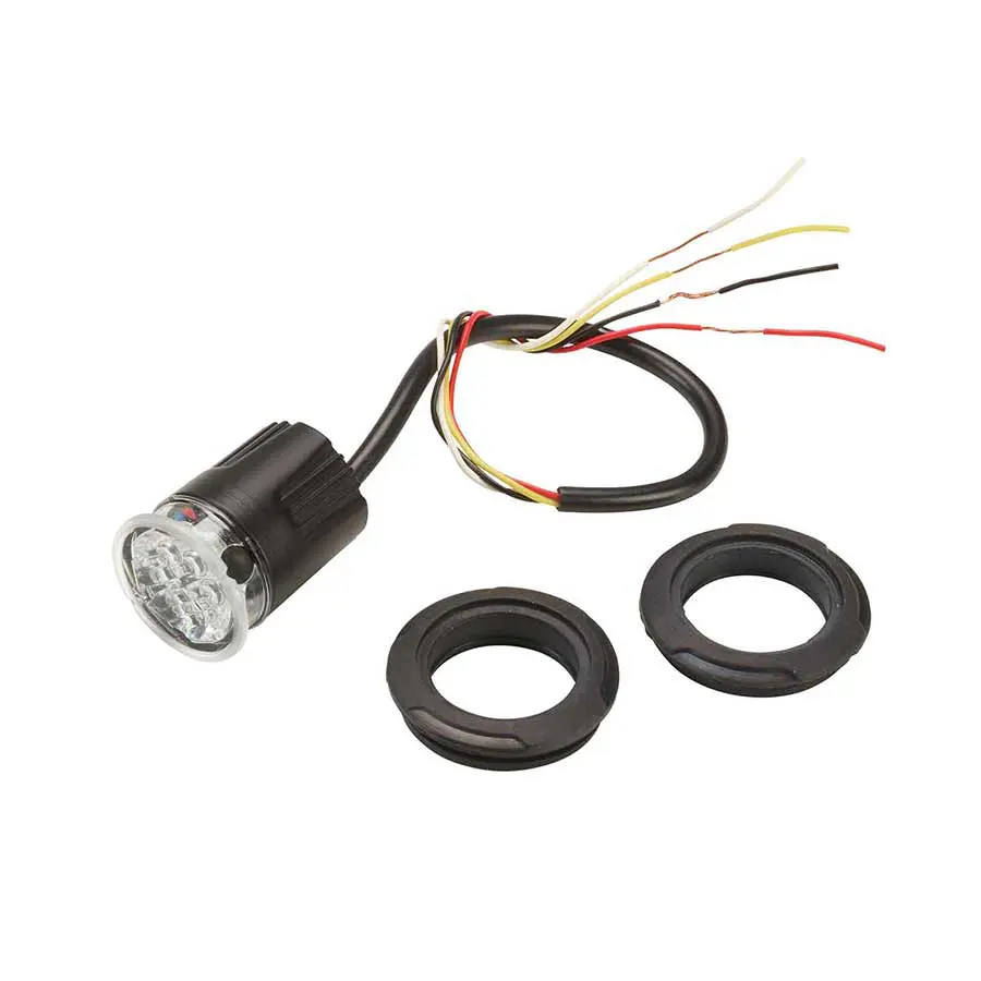 Flush mount Police/Fire 416300 Series LED light with black housing and multi-colored wires, accompanied by two grommets.