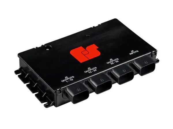 A black rectangular electronic device with connectors labeled for inputs and outputs, featuring a red logo on top.