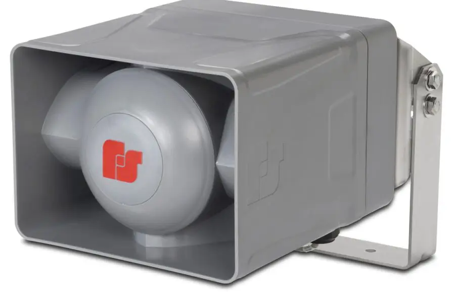 A DSA1 100W Non-amplified Speaker in gray featuring a mounting bracket and a red FedSig logo on the front.