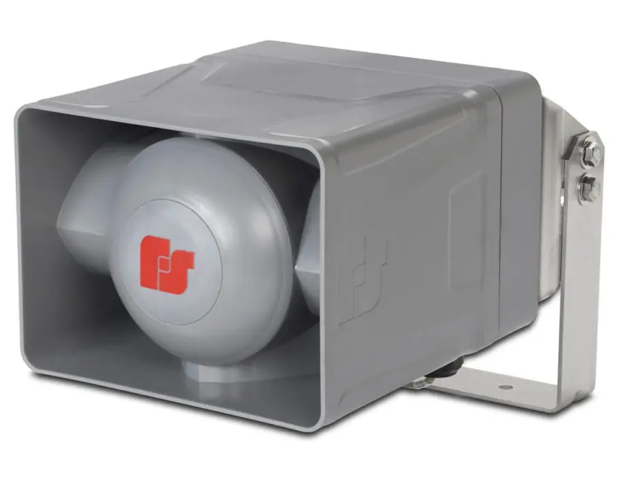A DSA1 100W Non-amplified Speaker in gray featuring a mounting bracket and a red FedSig logo on the front.