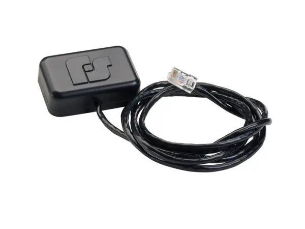 A black electronic device with a logo is connected to a coiled black cable with a clear connector.