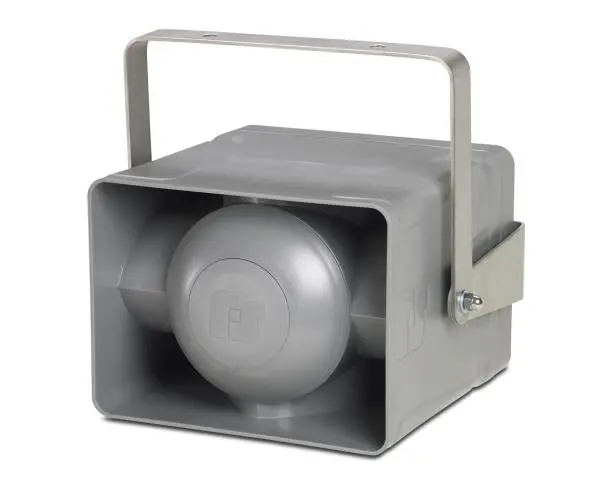 The eHorn Electronic Horn by FedSig is displayed on a white background, featuring a gray industrial design with a metal mounting bracket.