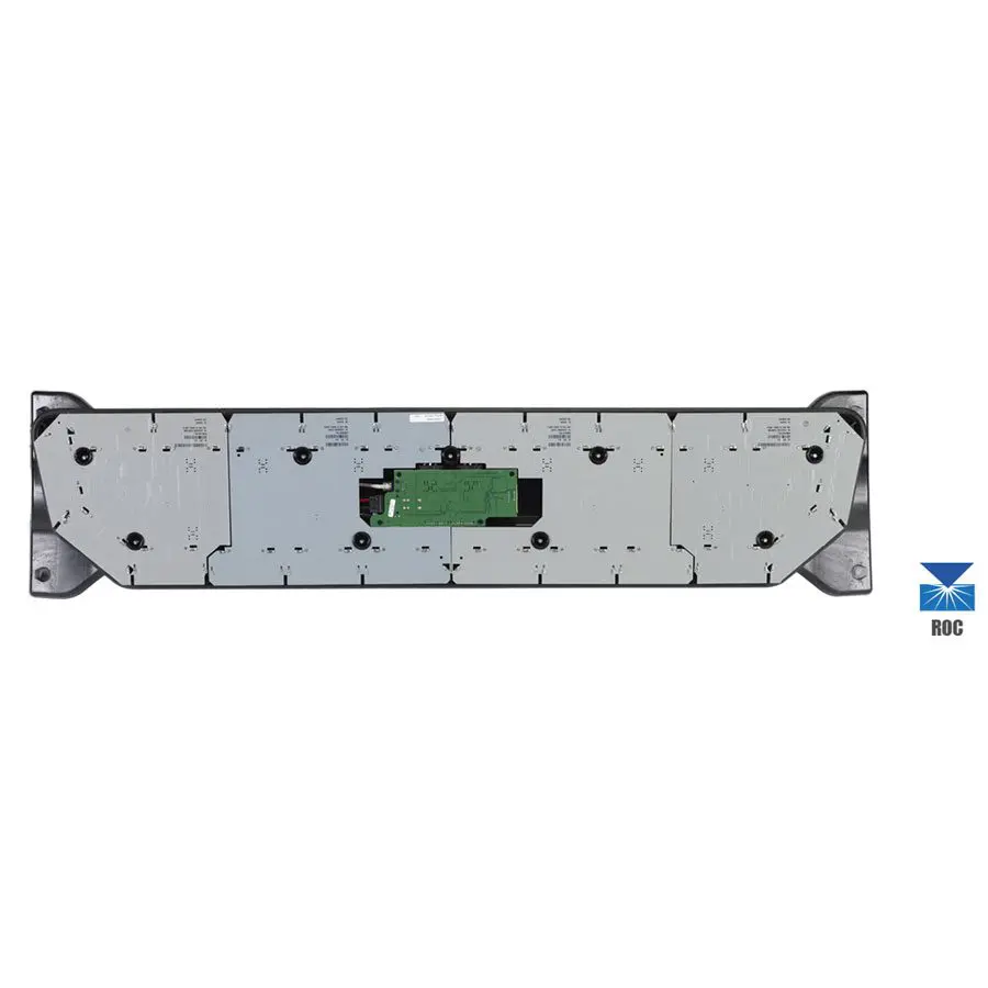 The rear perspective of the Integrity LED Light Bar by FedSig showcases an electronic module featuring a green circuit board with several connection interfaces, all secured on a metal frame.