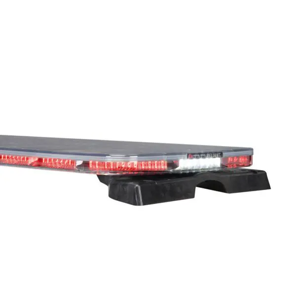 Close-up of the Reliant S2 emergency vehicle light bar corner module, showing red LED lights and white alley lights.
