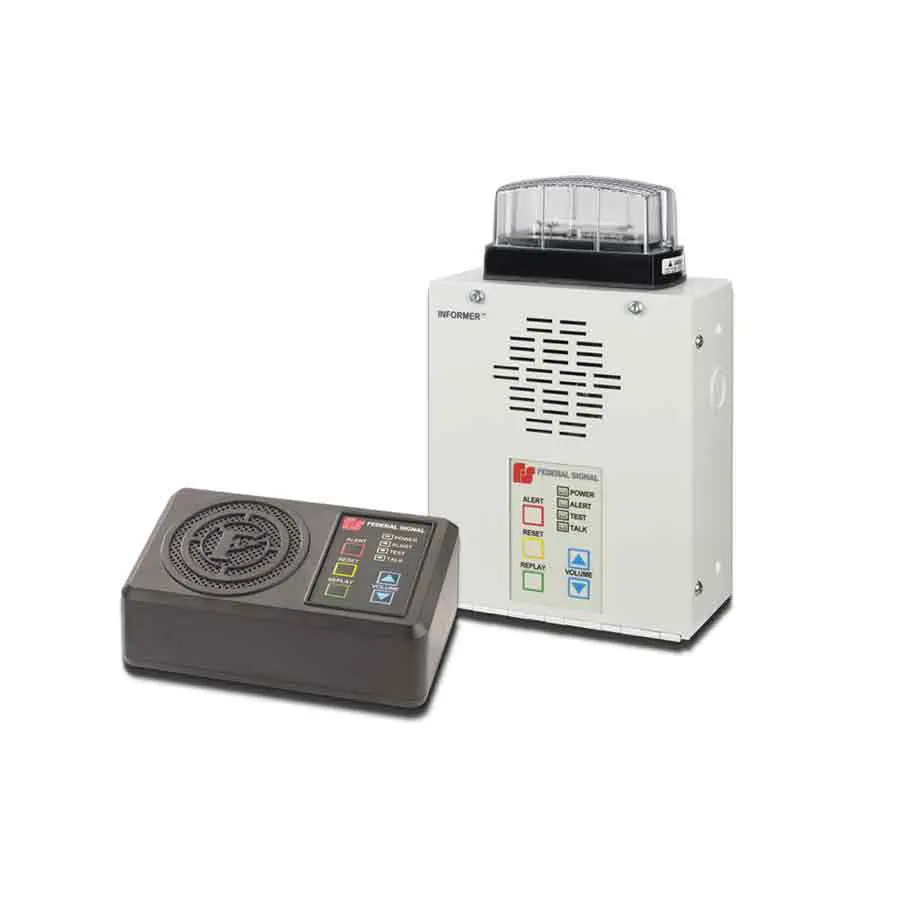 Two electronic devices: a gray rectangular "Informer IP Enabled" speaker by FedSig with buttons labeled Normal, High, Alert, and a white box with a vent and a clear cover on top, both used for alerts or alarms.