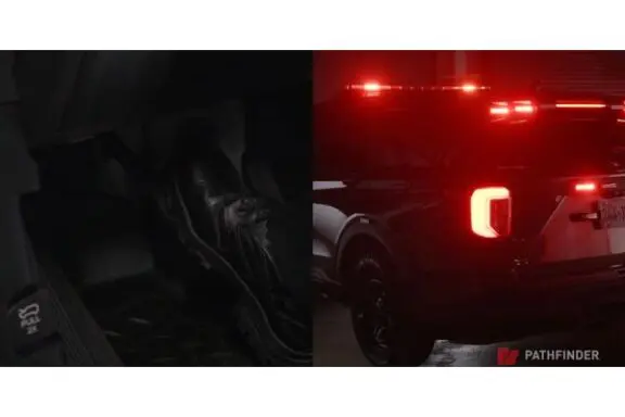 Split image: Left, a shoe pressing a car pedal marked "PULL 2X". Right, rear of a vehicle with illuminated emergency lights in a dim setting.