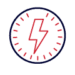 A circular icon with a red lightning bolt in the center, surrounded by red tick marks, all outlined in black.
