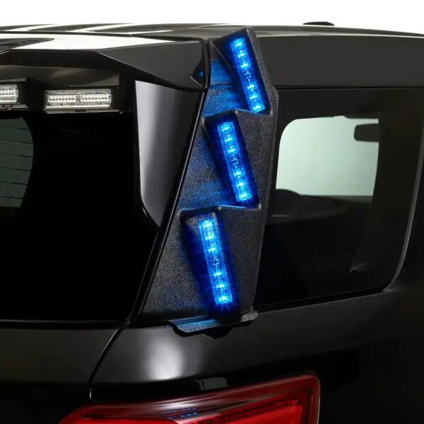 Rear view of a black vehicle with vertical blue LED lights mounted on the back section.