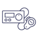 Line drawing of a portable cassette player with attached headphones.
