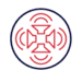 Circular emblem with four red speakers radiating sound waves, enclosed in a dark blue border.