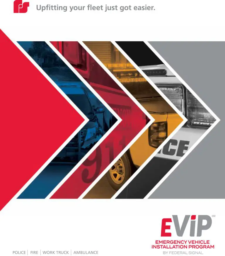 Promotional image for EVIP by Federal Signal, featuring colored arrows with images of emergency vehicles. Text reads, "Upfitting your fleet just got easier." Red, blue, and orange color scheme.
