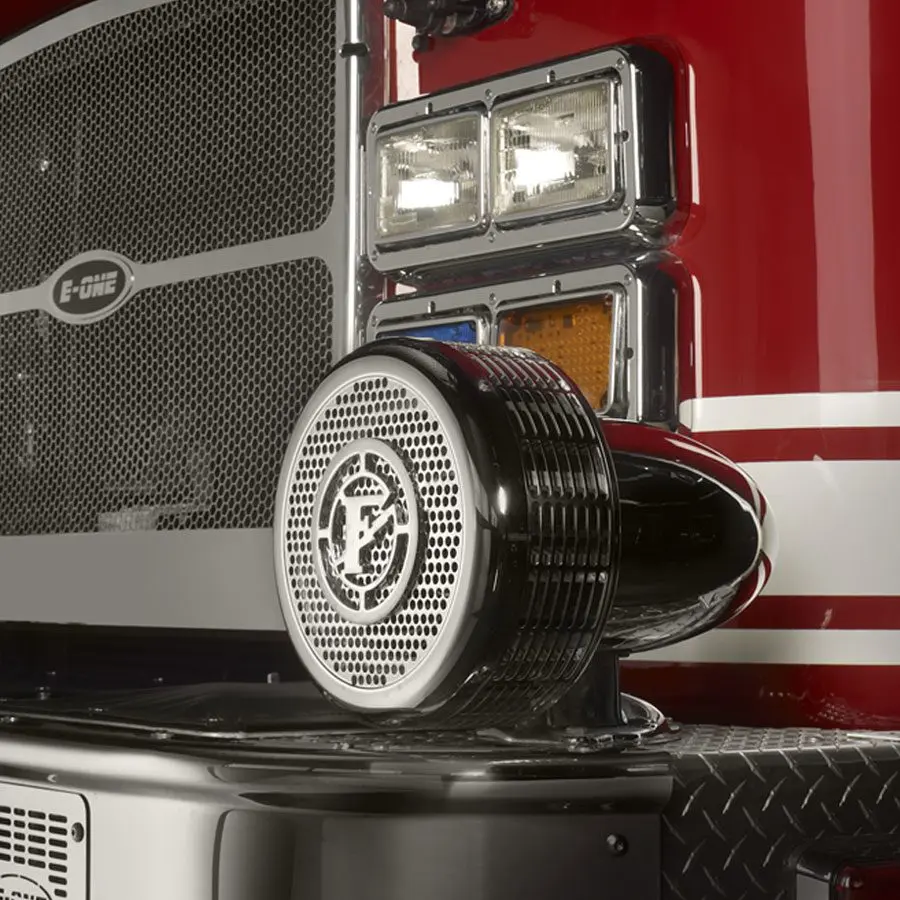 Black Chrome Q-Siren mounted on a fire truck's front bumper.