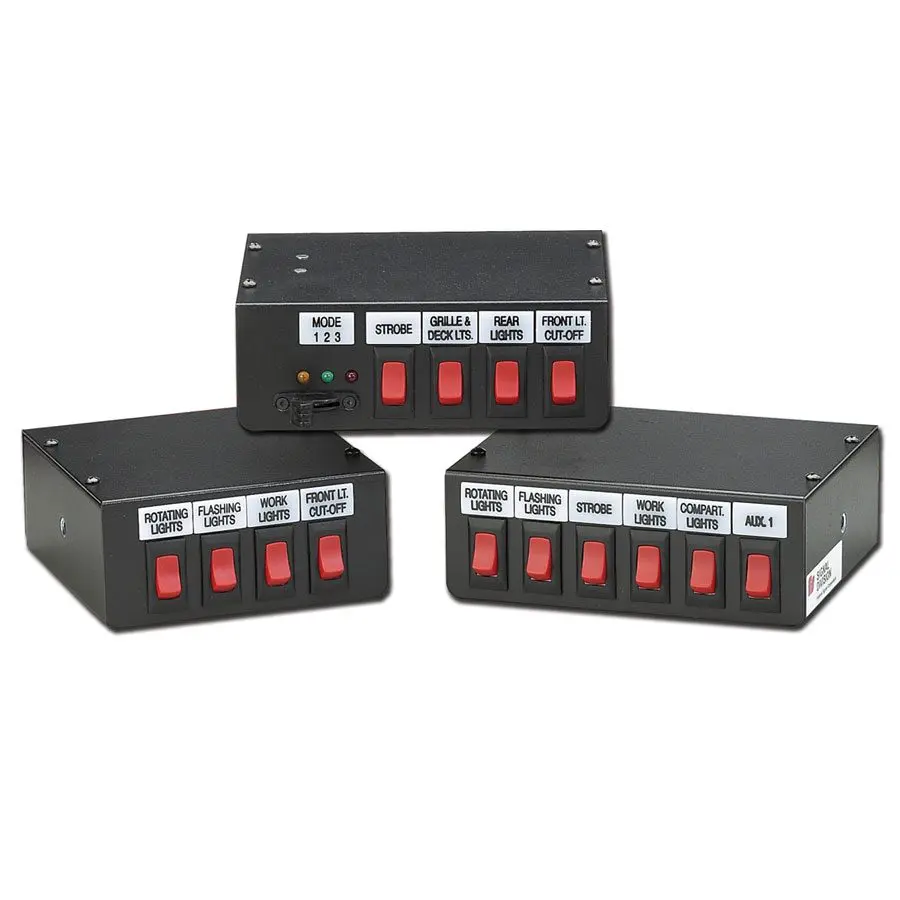 Three different models of switch controls for emergency vehicles.