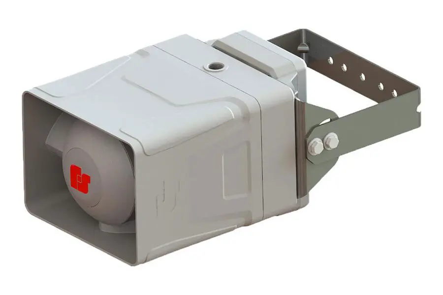 FedSig's RF100X UltraVoice Hazardous Area Siren/Speaker is a rectangular, gray device equipped with a mounting bracket and showcases a small red square logo on the front.