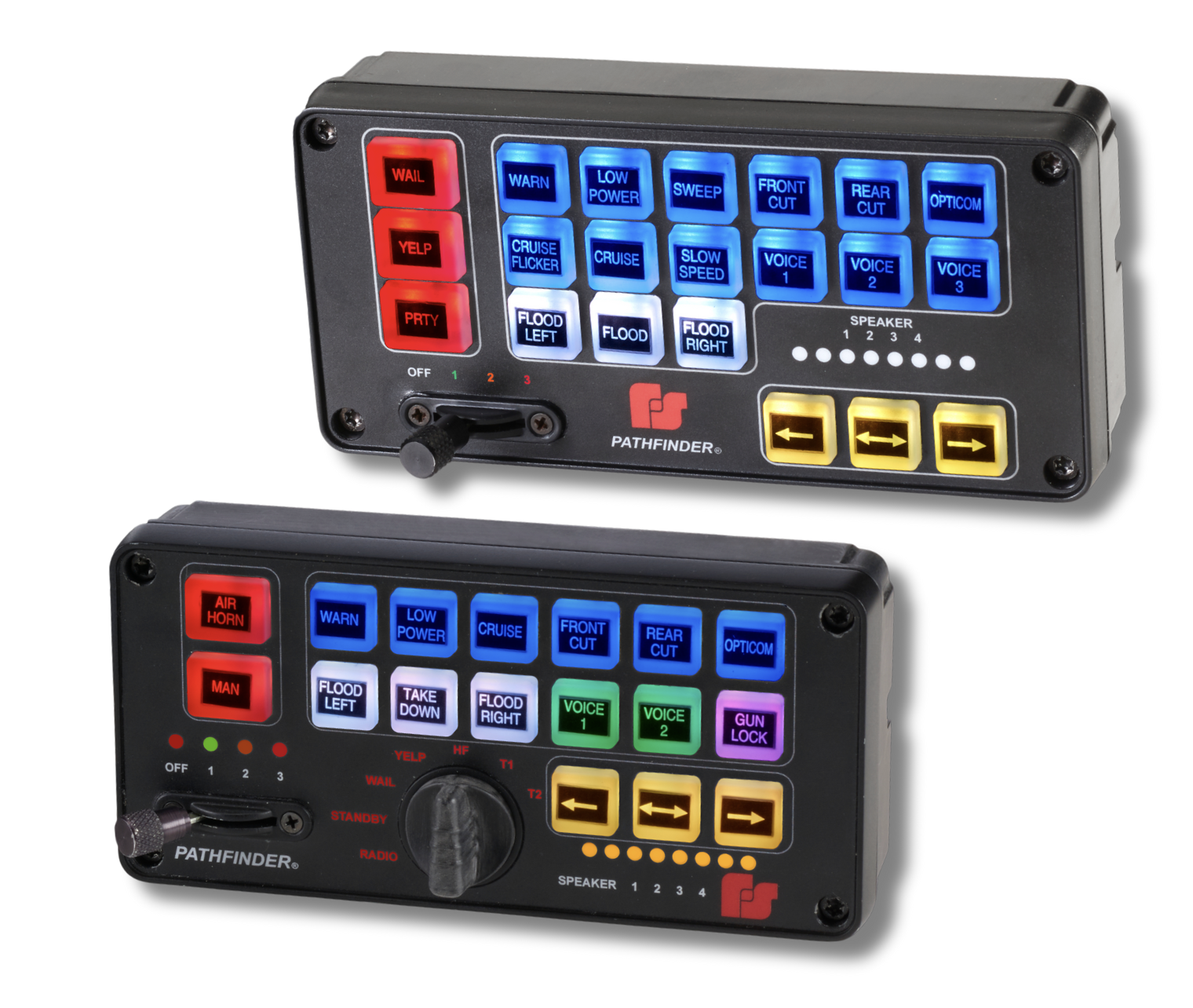 Two black electronic control panels with multiple colored buttons and switches labeled for various vehicle functions, such as lights, sirens, and locks.