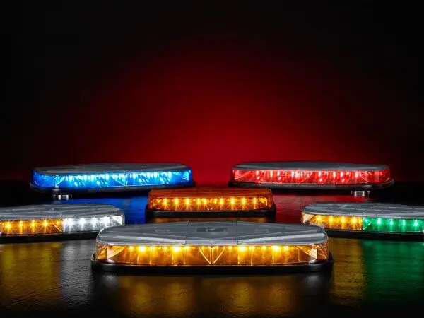Six LED Mini light bars emergency vehicle light bars in blue, red, white, yellow, and green are illuminated against a dark background.