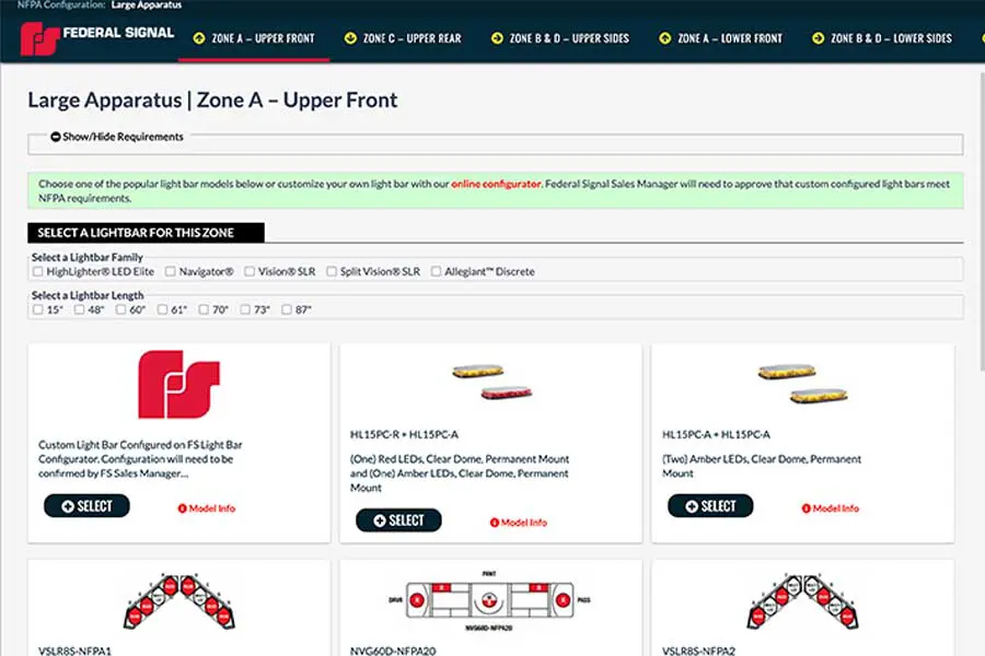 Screenshot of a web page displaying lightbar options for large apparatus, Zone A - Upper Front, with product listings and selection buttons.