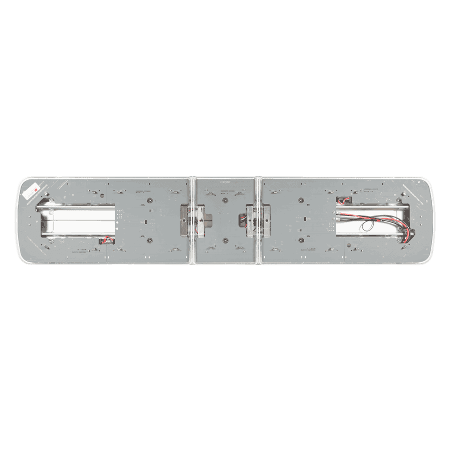 Rectangular metal mounting bracket with wiring and cutouts, viewed from above against a light gray background.