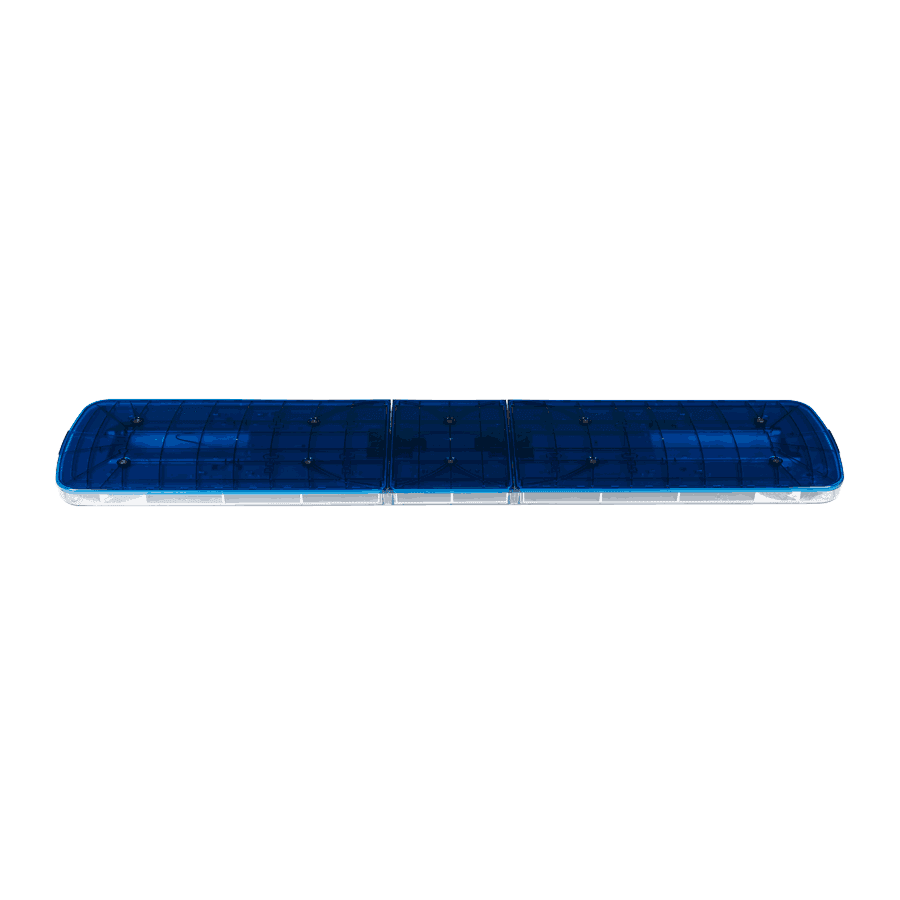 A blue emergency vehicle light bar with a transparent casing, viewed from above against a plain white background.