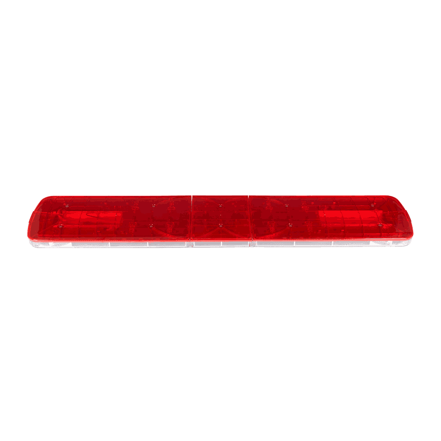 A horizontal rectangular red vehicle brake or tail light with a clear plastic casing, viewed from the front against a white background.