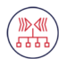 A red abstract symbol with lines and triangles above a connected network of four squares, all within a blue circle on a light background.