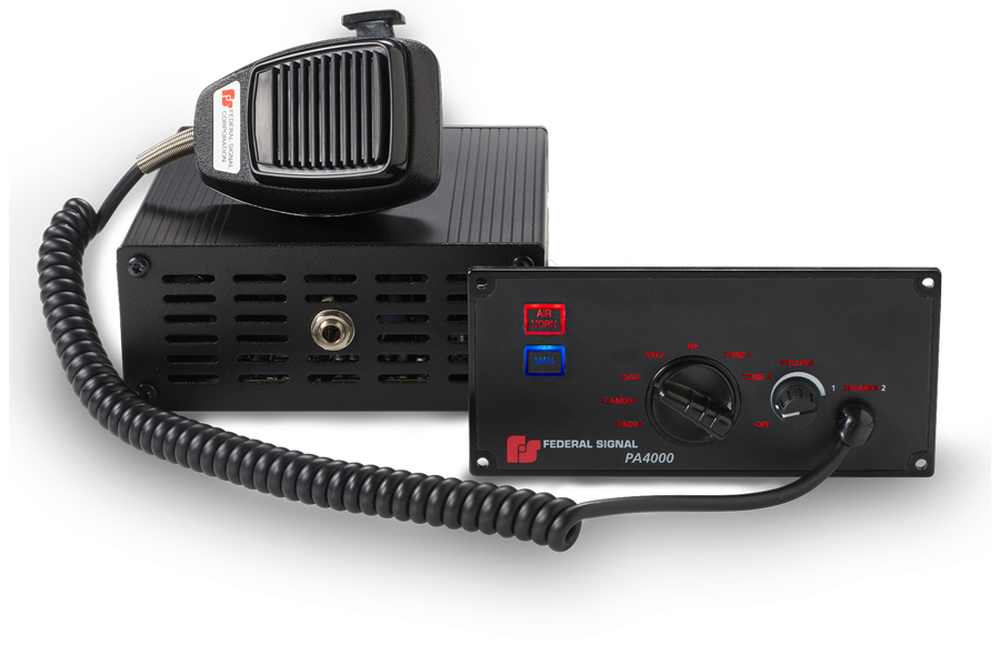 A PA4000 Series siren system from Federal Signal with a control panel, microphone, and coiled cable shown on a white background.