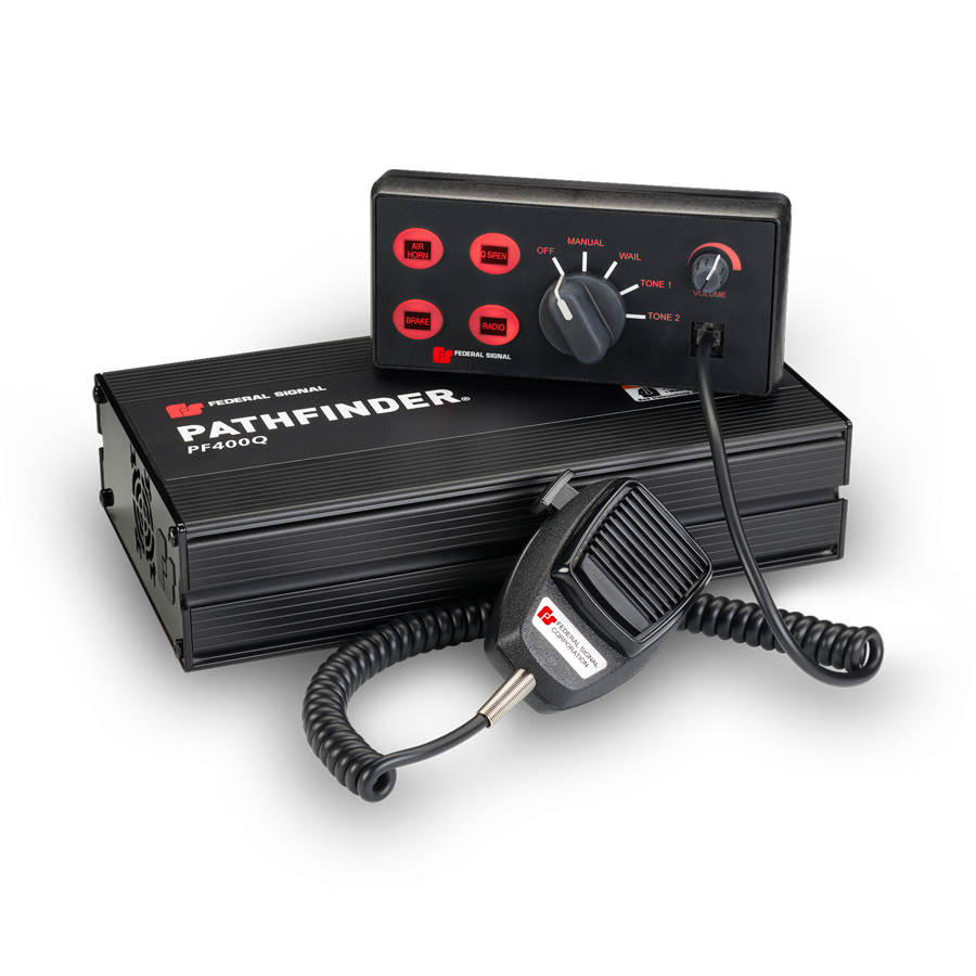 Black Federal Signal Pathfinder PF400Q siren controller with attached microphone, rotary knob, buttons labeled Manual, Wail, Yelp, Priority, and Tone 1 and 2, on a white background.