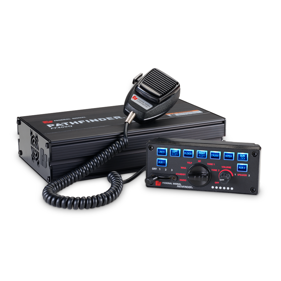 A black PA system with a handheld microphone, control box featuring illuminated blue buttons, and a main unit labeled “Pathfinder” on a plain white background.