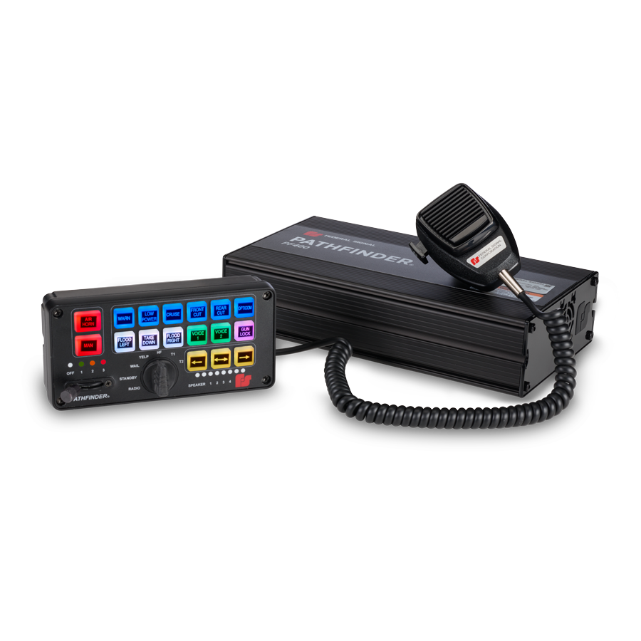 A control unit with colorful labeled buttons, a wired microphone, and a black rectangular box labeled "Pathfinder" on a plain white background.