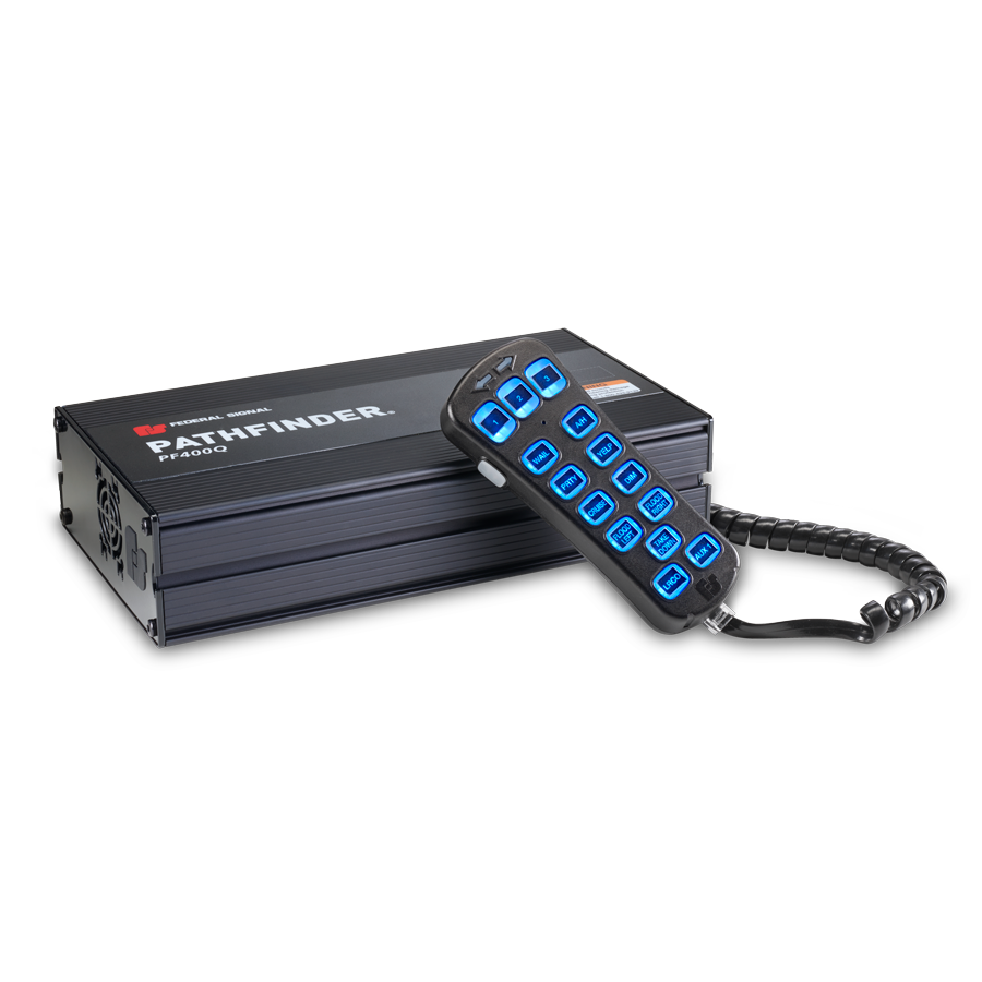 Black electronic control unit labeled "Pathfinder PF400" with a handheld remote featuring multiple blue backlit buttons and a coiled cable.