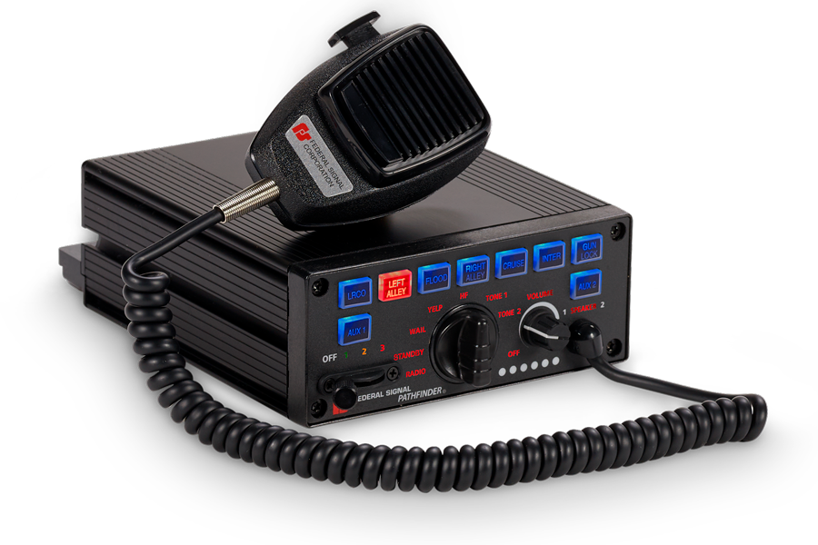 A Pathfinder® PF200 Siren/Light Controller with a black casing, coiled microphone, blue buttons, knobs, and indicator lights is displayed on a plain white background.