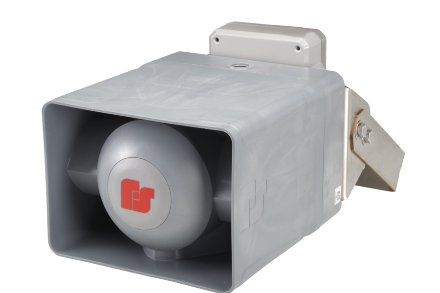 The RF100C1X and RF100C2X UltraVoice® Compact Cellular Siren Speaker is a gray industrial loudspeaker with a rectangular housing, mounting bracket, and a red front logo, displayed against a plain white background.