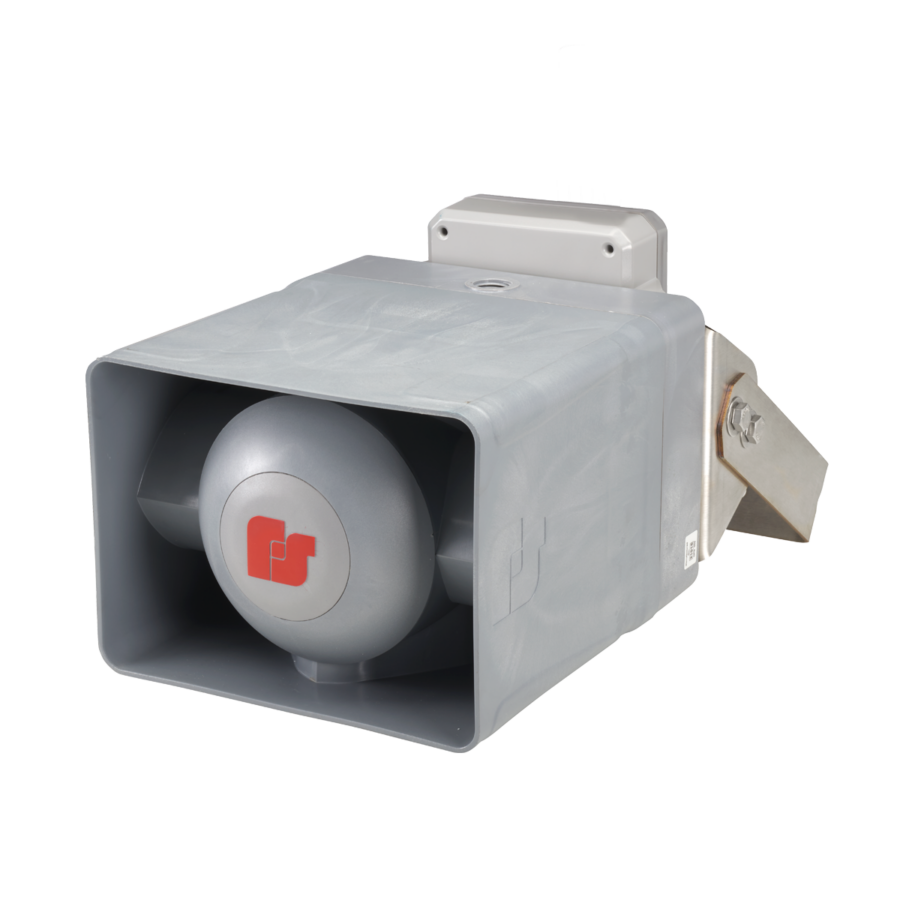 The RF100C1X and RF100C2X UltraVoice® Compact Cellular Siren Speaker is a gray industrial loudspeaker with a rectangular housing, mounting bracket, and a red front logo, displayed against a plain white background.