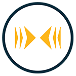 A circular logo with a dark border features six orange triangular shapes, reminiscent of a warning light bar, pointing inward and arranged symmetrically in the center on a white background.