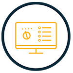 Yellow line drawing of a computer monitor displaying a pie chart and a list, with a warning light bar above the screen, all enclosed in a black circle on a white background.