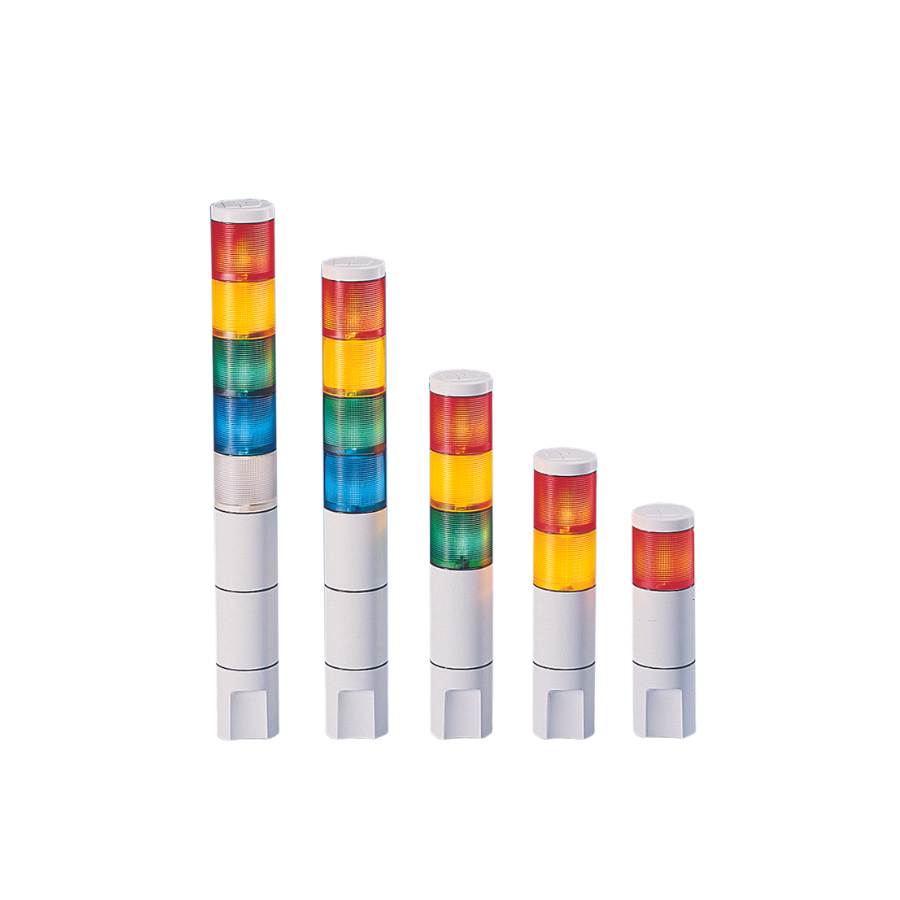 Five industrial signal tower lights of varying heights, each with colored indicator segments in red, yellow, green, and blue, are arranged in a row against a white background.