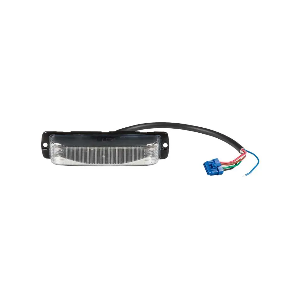 The MicroPulse® Wide Angle Pro is a rectangular automotive light featuring a clear lens, black mounting bracket, and a wiring harness with a blue electrical connector.