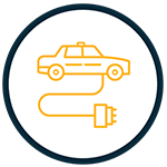 Outline of a car connected to a power plug, symbolizing an electric vehicle, centered within a dark circular border and accented by a subtle warning light bar for added emphasis.